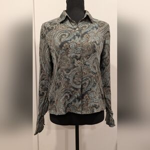VTG Jones New York Womens Green Paisley Blouse Whimsical